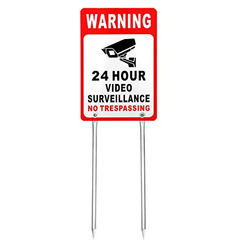 Product Cover Kichwit Video Surveillance Sign No Trespassing Reflective Metal Sign, Double Sided Aluminum Yard Sign with Stakes Included, Measures 11.8