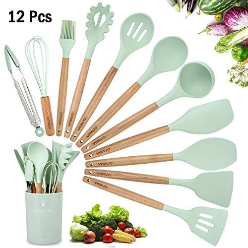 Product Cover Silicone Cooking Utensil Kitchen Utensils Set, 12 Pieces Silicone Kitchen Utensil Wooden Handles, Kitchen Spatula Sets with Holder Spoon Turner Tongs,Mint Green