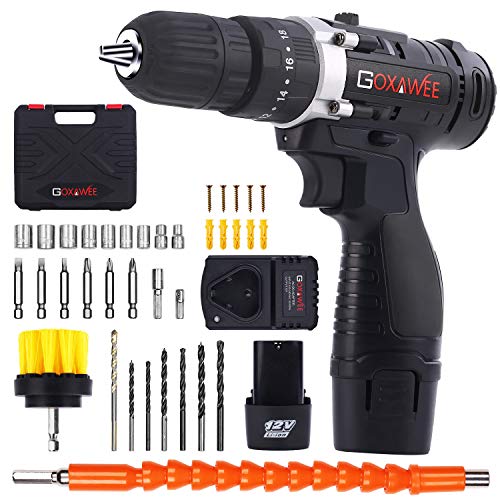 Product Cover Cordless Drill with 2 Batteries - GOXAWEE Electric Screw Driver Set 100pcs with Hammer Function (30Nm, 18+3 Torque Setting, 2-Speed) for Home & DIY Project Drilling Walls, Bricks, Wood, Metal.