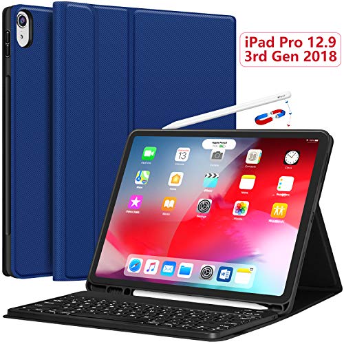 Product Cover iPad Pro 12.9 Case with Keyboard 2018-3rd Gen [Support Apple Pencil Charging] [with Pencil Holder] Magnetically Detachable Wireless Keyboard for iPad Pro 12.9 2018 (Not for 2017/2015), Blue
