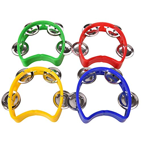 Product Cover MOTZU 4 Pack Plastic Musical Percussion Tambourines, Dual Alloy Recording Combo Tambourine, Cutaway Half Blossom with 4 Bells Comfortable Teaching Toys for Kids, Adults, Multicolour