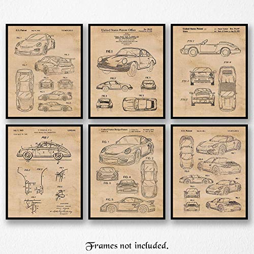 Product Cover Vintage Porsche 911 Patent Poster Prints, Set of 6 (8x10) Unframed Photos, Wall Art Decor Gifts Under 20 for Home, Office, Garage, Shop, Man Cave, College Student, Teacher, Germany Cars & Coffee Fan