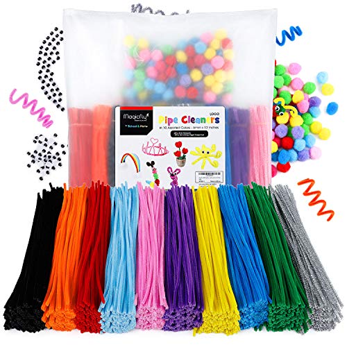 Product Cover Magicfly 1000 Pcs Pipe Cleaners with 100 Pieces Pompom Balls 25mm and 50 Pcs Wiggle Googly Eyes, Chenille Stems in 10 Assorted Colors, 6mm x12 inch for DIY Arts & Craft Projects