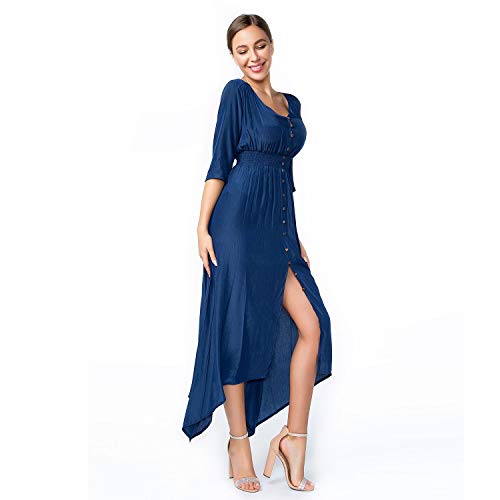 Product Cover Sirhao Boho Maxi Dress Midi Dress Solid Color 2/3 Sleeve Dress Closing Split Navy Blue with Earrings