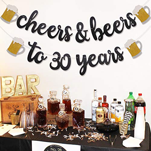 Product Cover Levfla Cheers & Beers to 30 Years Black Glitter Banner,Party Supplies Decorations for 30th Birthday Wedding Anniversary - PRESTRUNG & Ready to Hang