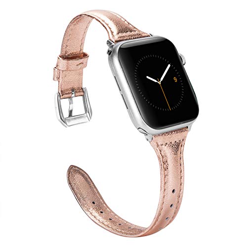 Product Cover Wearlizer Womens Slim Rose Gold Leather Compatible with Apple Watch Band 38mm 40mm for iWatch Thin Strap Wristband Cool Cute Feminine Stylish Replacement (Silver Metal Buckle) Series 5 4 3 2 1 Sport