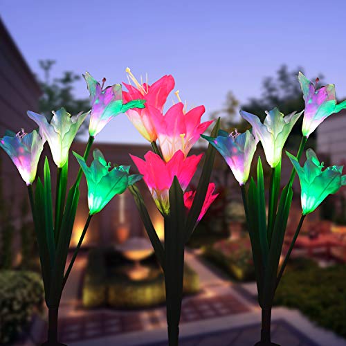 Product Cover Wohome Garden Solar Lights Outdoor, 3 Pack Solar Stake Lights Multi-Color Changing LED, Fiber Optic Decorative Lights with a Purple LED Light Stake (Solar Flower Lights)