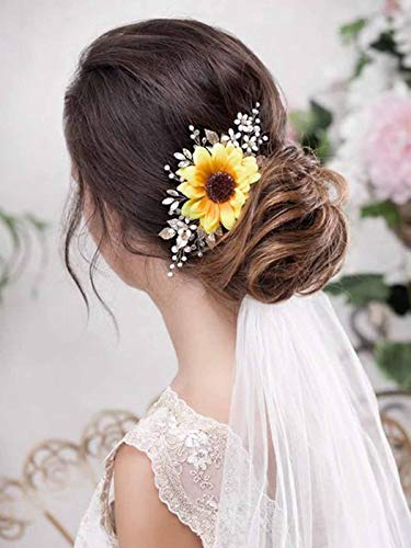 Product Cover Barogirl Bridal Sunflower Hair Comb Clip Crystal Bride Gold Wedding Hair Accessories for Women (Silver)