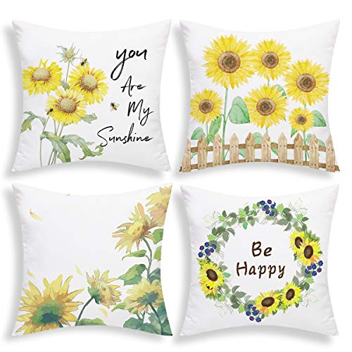 Product Cover BLEUM CADE Sunflowers Throw Pillow Cover Fall Pillow Covers Set of 4 Decorative Autumn Cushion Covers for Sofa Couch Bed Car (Yellow, 18 x 18 Inch)
