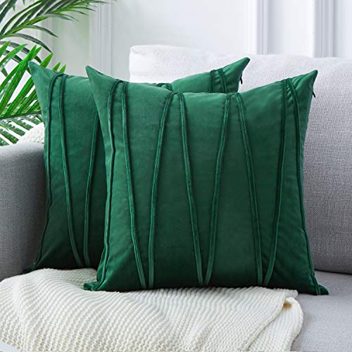 Product Cover Top Finel Decorative Hand-Made Throw Pillow Covers 18 x 18 Inch Soft Particles Striped Velvet Solid Cushion Covers for Couch Bedroom Car 45 x 45 cm, Pack of 2, Dark Green