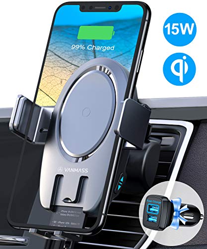 Product Cover VANMASS Wireless Car Charger Mount, 15W Qi Fast Charging Auto-Clamping Mount, Air Vent Phone Holder Compatible with iPhone 11/11 Pro/Pro Max/XS MAX/XS/XR/X/8, Samsung Note 10/S10/S9/S8/S7, Pixel/LG