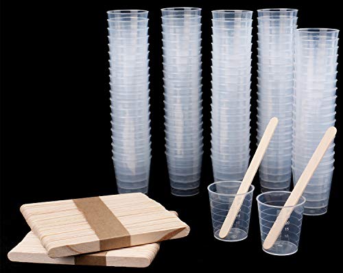 Product Cover Lawei 100 pack Plastic Measuring Cups - 1 oz Transparent Scale Cups with 100 pack Wooden Stirring Sticks for Mixing Paint, Stain, Epoxy and Resin