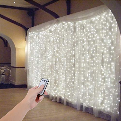 Product Cover SZXKT UL Safe 300 LED 9.8FT Linkable Curtain Lights Icicle Lights Fairy String Lights with 8 Modes for Christmas Wedding Party Family Patio Lawn Decoration (White)