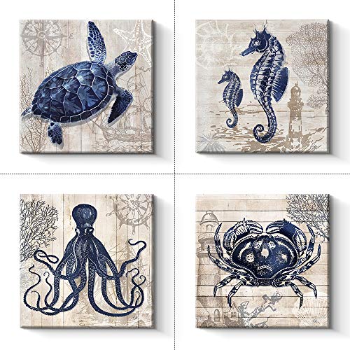 Product Cover Bathroom Decor 4 Panel Canvas Wall Art - Ocean Theme Canvas Prints Sea Animal Octopus Crab Seaturtle Seahorse Decor Pictures Livingroom Posters - 12 x 12 x 4 pcs (12