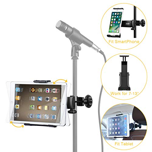Product Cover Moukey Mmsph-1 Mic Stand Tablet Holder, iPad Mount, Phone Holder for Microphone Music Stand, Car Headrest iPad Mount suitable for Smartphones Apple Samsung Galaxy Surface Pro/Book iPhone XR/XS/MAX/X/8