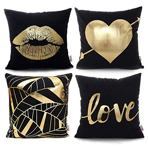 Product Cover Monkeysell Pack of 4 Black and Gold Throw Pillow Lips Bronzing Flannelette Home Pillowcases Throw Pillow Cover Love Black Gold Lips Pattern Design Rock Punk Neoclassical Style 18 inches (Black)