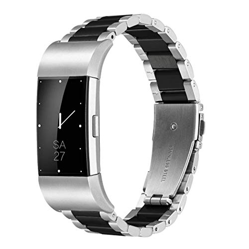 Product Cover Fitbit Charge 2 Wrist Band,Shangpule Stainless Steel Metal Replacement Smart Watch Band Bracelet with Double Button Folding Clasp for Fitbit Charge 2 (Silver + Black)