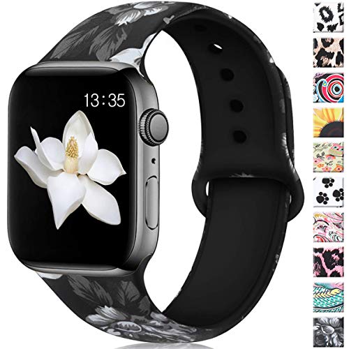 Product Cover Haveda Floral Bands Compatible with Apple Watch 40mm Series 4 38mm Series 3/2/1, Soft Pattern Printed Silicone Sport Replacement Wristbands for Women Men Kids with iWatch, S/M, Gray Flower