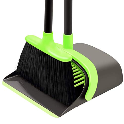 Product Cover Broom and Dustpan Set Cleaning Supplies - Upright Broom and Dustpan Combo with Long Extendable Handle for Home Kitchen Room Office Lobby Floor Use Upright Stand up Dustpan Broom Set (Green)