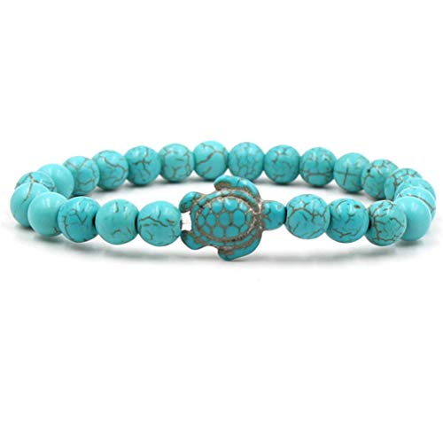 Product Cover Eleusine 8mm Sea Turtles Beads Bracelet Turquoise Natutal Stone Elastic Stretch Bracelet for Girl or Women（Color 1）