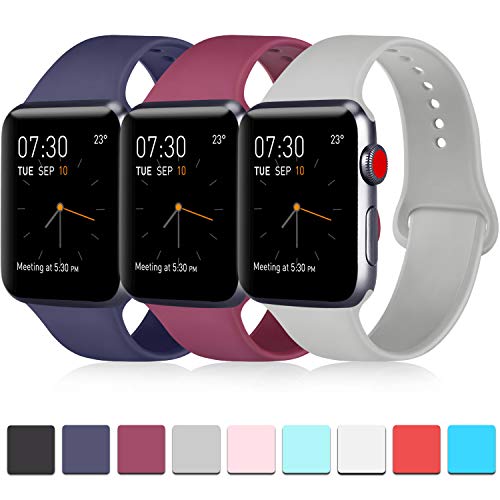 Product Cover Pack 3 Compatible with Apple Watch Band 44mm Series 4, Soft Silicone Band Compatible iWatch Series 4, Series 3, Series 2, Series 1 (Navy Blue/Wine Red/Gray, 42mm/44mm-S/M)