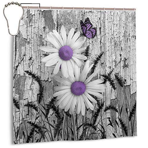 Product Cover Amonee-YL Purple Gray White Daisy Flowers Butterfly Black Foxtail Grass Polyester Fabric Shower Curtain Sets with 10 Hooks,Modern Bathroom Home Decor, Water Repellent 66