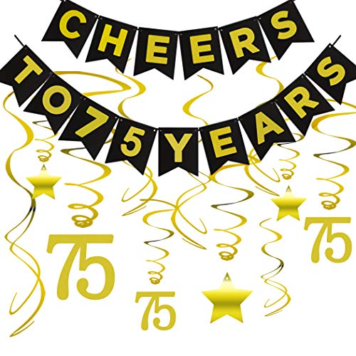 Product Cover 75th BIRTHDAY PARTY DECORATIONS KIT - Cheers to 75 Years Banner, Sparkling Celebration 75 Hanging Swirls, Perfect 75 Years Old Party Supplies 75th Anniversary Decorations