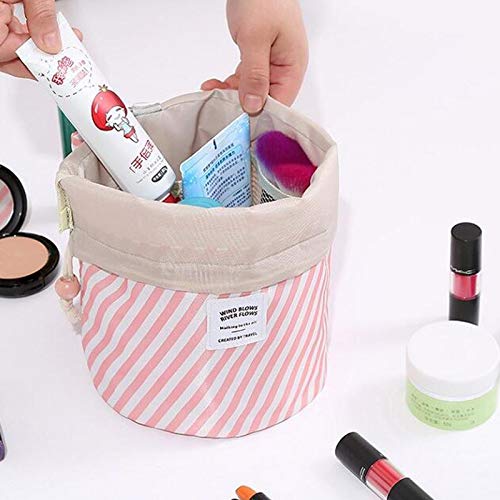 Product Cover Travel Cosmetic Bag Travel Makeup Bag Organizer Women Girls Barrel Shaped Hanging Toiletry Wash Bags Drawstring Makeup Storage Bag + Small Pouch+ Clear PVC Brush Bag