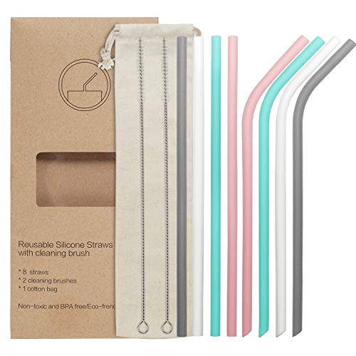 Product Cover YIHONG Set of 8 Reusable Silicone Drinking Straws - Regular Size - 9.8 Inch Long -BPA Free - for 20oz and 30oz Tumblers- 4 Straight+4 Bent+2 Brushes+1 Pouch