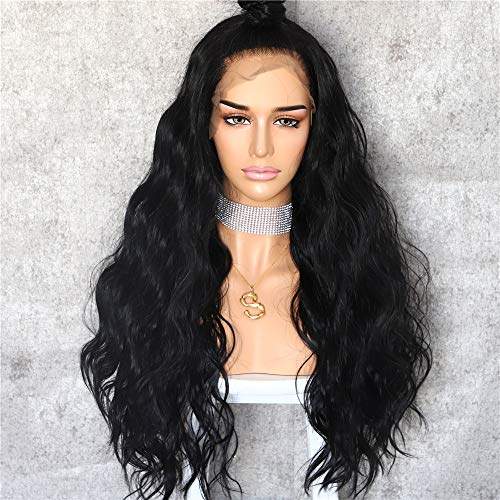 Product Cover Sapphirewigs Black #1B Curly Style Kanekalon Futura Hair No-Tangle Natural Hairline 6''×13'' Deep Big Lace Freedom Part Daily Makeup Wedding Gift Blogger Celebrity Synthetic Lace Front Wigs