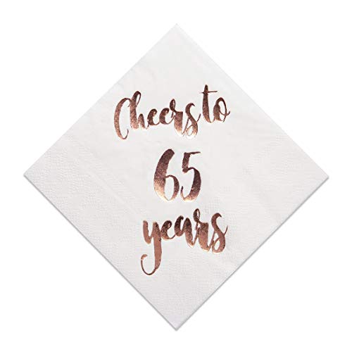 Product Cover Cheers to 65 Years Cocktail Napkins, 50-Pack 3ply White Rose Gold 65th Birthday Dinner Celebration Party Decoration Napkin