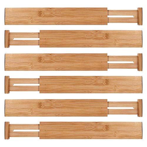 Product Cover Ecozoi Bamboo Expandable Drawer Organizer Dividers, Set of 6 Spring Adjustable In-Drawer Kitchen Organizer Drawer Separators with Anti-Scratch Foam Edges, for Bedroom, Bathroom, Office, Dresser