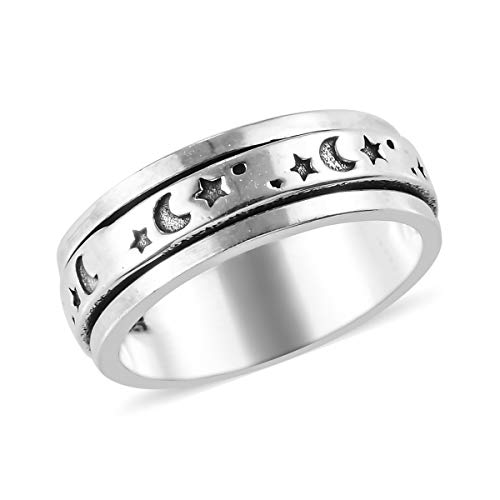 Product Cover Mens Moon Star Spinner Statement Ring 925 Sterling Silver Boho Handmade Jewelry for Women