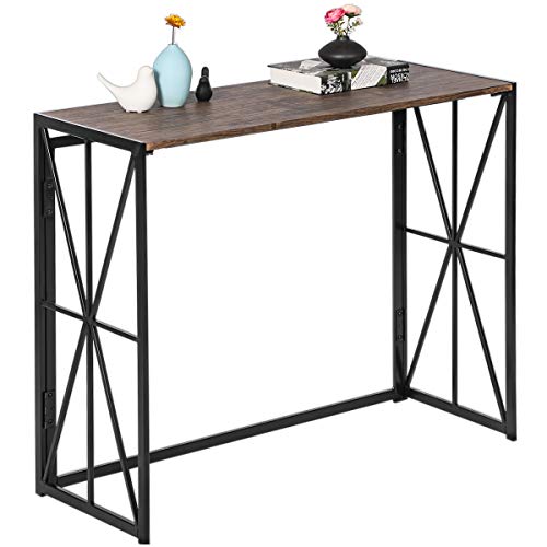 Product Cover Folding Console Sofa Table, No-Assembly Tall Wall Table for Entryway, Industrial Hall Table for Living Room, Sturdy Black Metal X-Frame, Rustic Brown