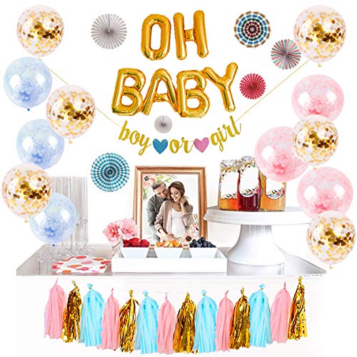 Product Cover Logui Baby Gender Reveal Party Supplies Set | Gender Reveal Decorations W/ Foil Gold Oh Baby Balloon, Latex Balloons, Paper Fans, Blue, Pink, Gold Tassel and Banner. Gender Neutral Baby Shower Decorations