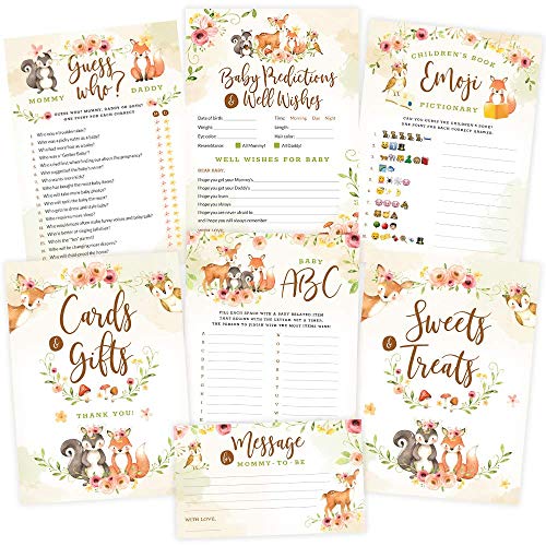 Product Cover Baby Shower Games - Woodland Animals, Neutral for Boy or Girl (50 Each x 5 Activities) - 2 Signs, Baby Advice and Predictions, Emoji, Guess Who Games - Rustic Woodland Baby Shower Decorations