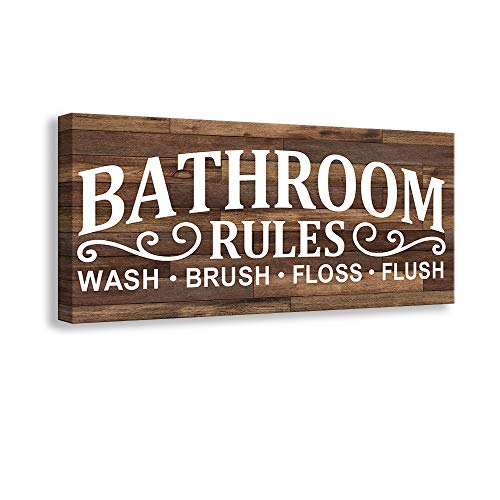 Product Cover Kas Home Vintage Bath Canvas Wall Art | Rustic Bathroom Rules Prints Signs Framed | Bathroom Laundry Room Decor (8 X 16 inch, Bathroom Rules)