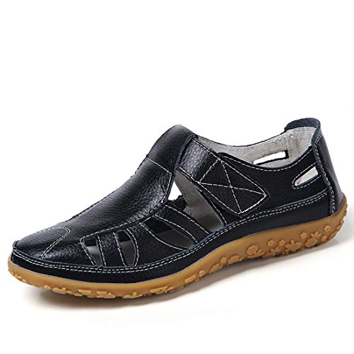 Product Cover Z.SUO Women's Leather Sandals Flats Comfortable Casual Summer Walking Driving Shoes Fashion Wild Loafers Moccasins Outdoor Sandals(8.5 US,Black)