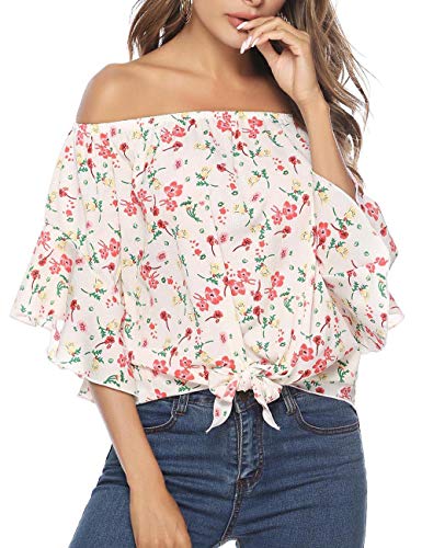 Product Cover Women Flower Print Off Shoulder Bell Sleeve Chiffon Casual Blouses Tops