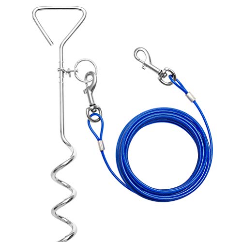 Product Cover BINGPET Dog Stake and Tie Out Cable for Yard, Camping and Outdoors Heavy Duty for Small to Medium Dogs (16-Inch Stake, 25-Feet Tie-Out Cable), Blue