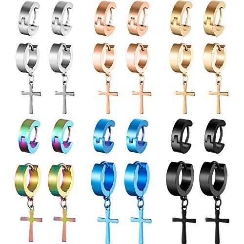Product Cover meekoo 12 Pairs Stainless Steel Cross Earrings Cross Dangle Hoop Earrings Hinged Hoop Ear Jewelry for Men and Women Wearing (Style Set 1)