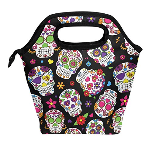 Product Cover Wamika Lunch Bag Sugar Skull Flowers Rose Daisy Insulated Cooler Thermal Lunch Bag Box for Kids School Children Students Girls Boys,Mexican Day Of The Dead Skull Love Heart Lunch Box Handbag Woman Man
