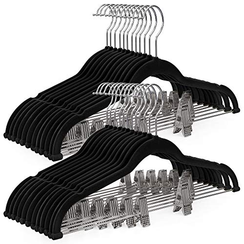 Product Cover SONGMICS 30-Pack Pants Hangers, 16.7 Inch Velvet Trousers Hangers, with Adjustable Clips, Heavy Duty, Non-Slip, Space-Saving, for Pants, Skirts, Coat, Dresses, Tank Tops, Black UCRF12B30