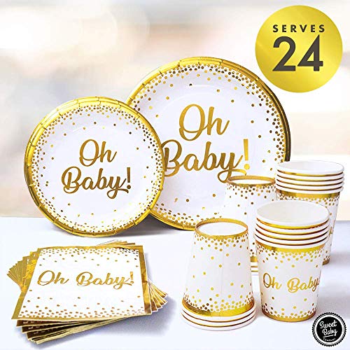 Product Cover Sweet Baby Co. Oh Baby Shower Plates and Napkins Neutral for Boy or Girl with White and Gold Paper Plates, Cups, and Napkins | Disposable Tableware for 24 Guests | Party Supplies and Decorations