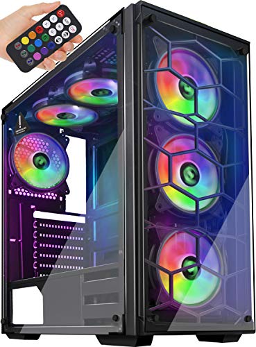 Product Cover MUSETEX Phantom Black ATX Mid-Tower Computer Gaming Case USB 3.0 Ports Tempered Glass Windows with 6pcs 120mm Voice Control LED RGB Fans Remote Control（907）