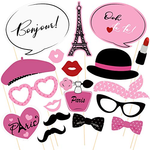 Product Cover Amosfun Paris Photo Booth Props Kit 18PCS Creative Paris Themed Party Props Decoration for Birthday Wedding Club Bachelor Party Favors（Pink）