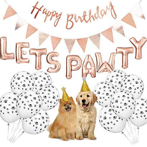 Product Cover Legendog Dog Birthday Party Supplies, Lets Pawty Balloons Banner,Paw Print Balloons, Pet Birthday Hat Happy Birthday Banner Foil Balloons (Rose Gold)