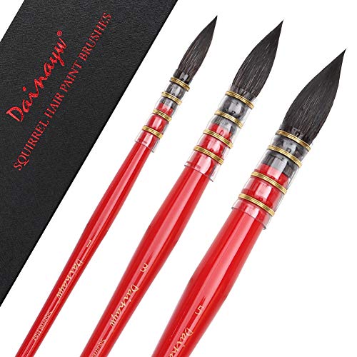 Product Cover Dainayw 3 PCS Professional Watercolor Paint Brushes, Mop Round Squirrel Hair Paint Brush Set for Art Painting, Gouache, Artist Quality Supplies Red Handle