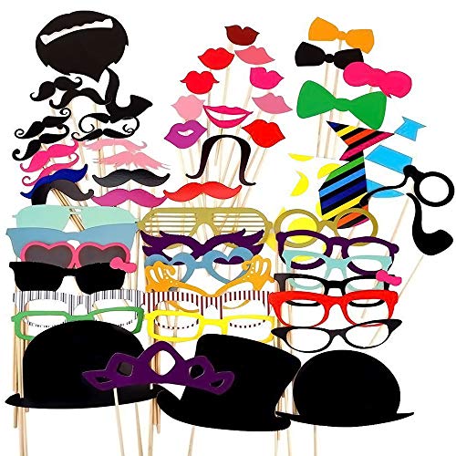 Product Cover Party Props for Photo Booth Birthday Wedding Kids Adult Prom 58 Pcs, DIY Funny Skywoo Costumes with Mustache on a stick, Hats, Glasses, Mouth, Bowler, Bowties