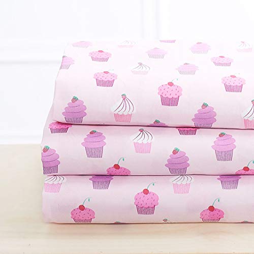Product Cover Elegant Home Multicolors Pink Purple Cupcakes Design 4 Piece Printed Sheet Set with Pillowcases Flat Fitted Sheet for Girls/Kids/Teens # Cupcake (Queen Size)